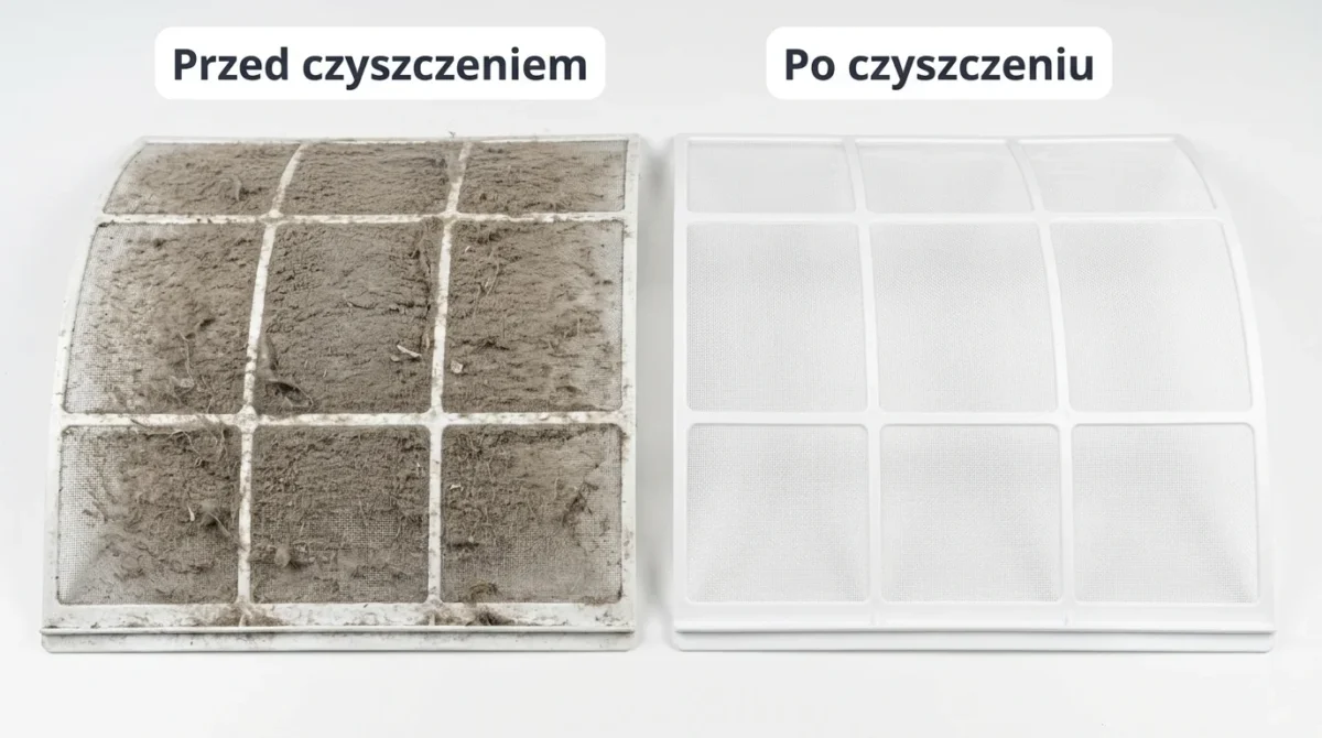 Filtr klimatyzacji przed i po czyszczeniu — widoczna różnica w zabrudzeniu
