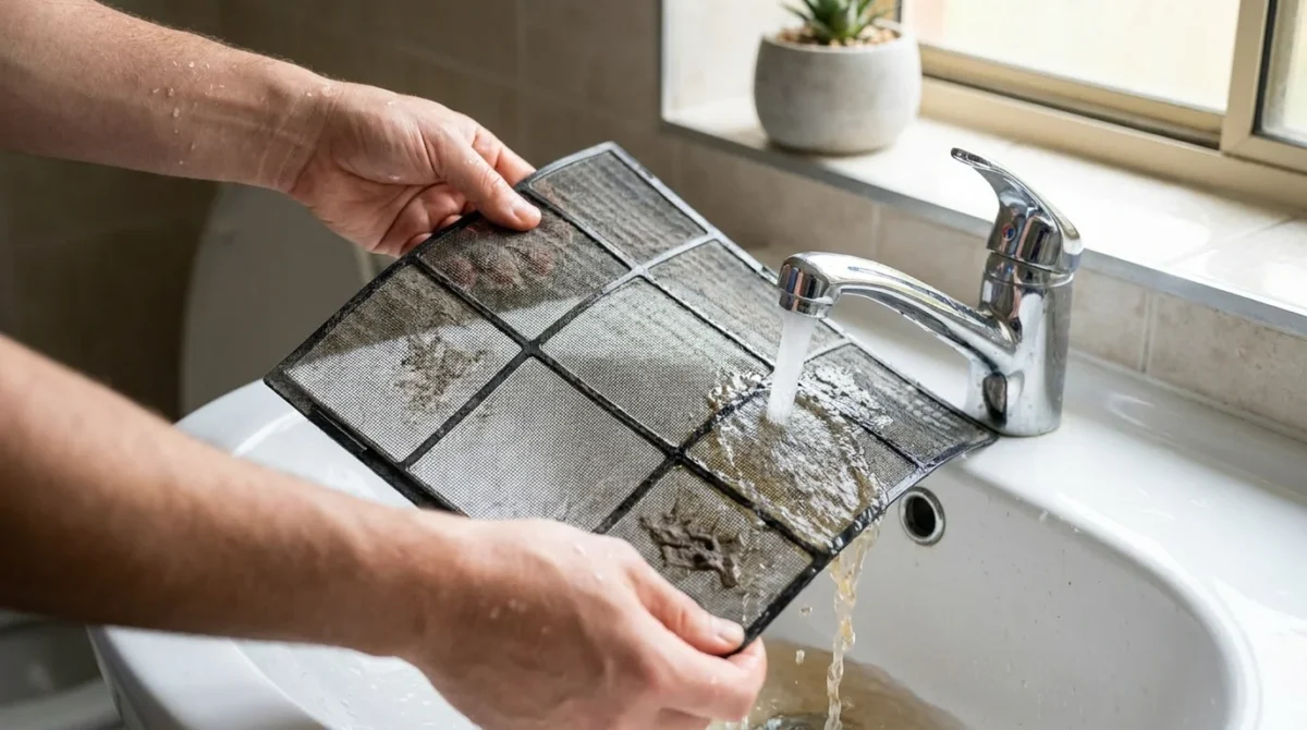 Mycie filtra klimatyzacji pod bieżącą wodą w domowej łazience
