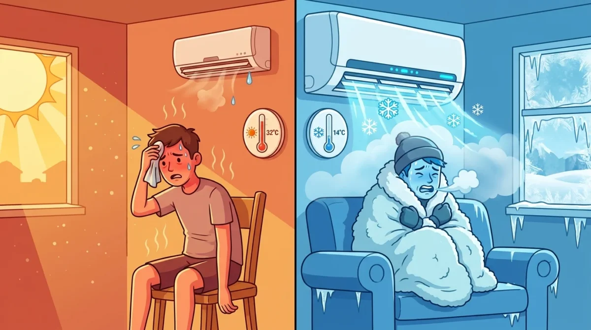Ilustracja pokazująca skutki złego i dobrego doboru klimatyzacji: po lewej dyskomfort z powodu upału, po prawej zrelaksowany mężczyzna w optymalnie schłodzonym pokoju