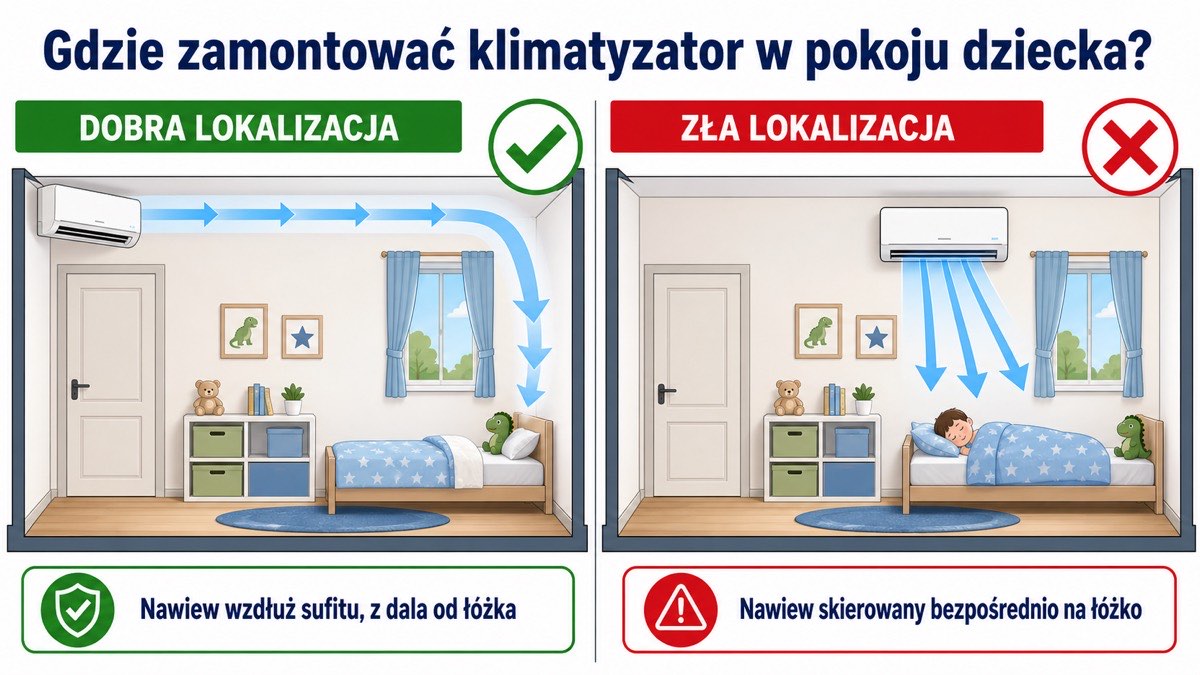 Schemat montażu klimatyzatora w pokoju dziecka - nawiew wzdłuż sufitu z dala od łóżka