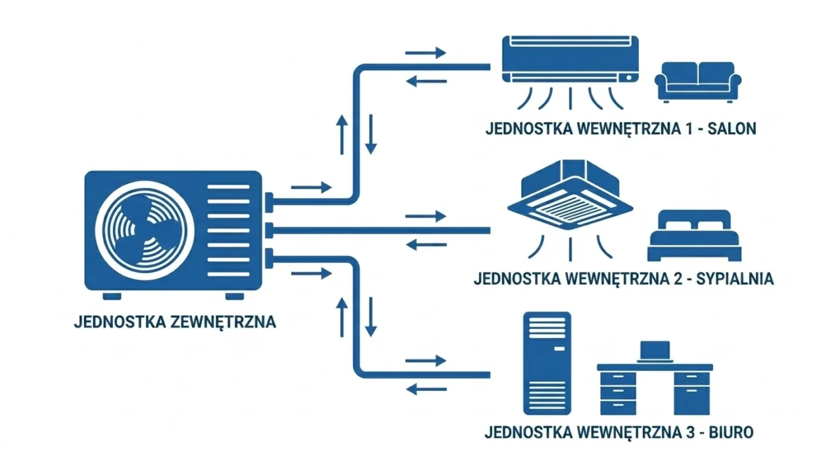 Schemat instalacji multisplit — jedna jednostka zewnętrzna obsługuje 3 pomieszczenia