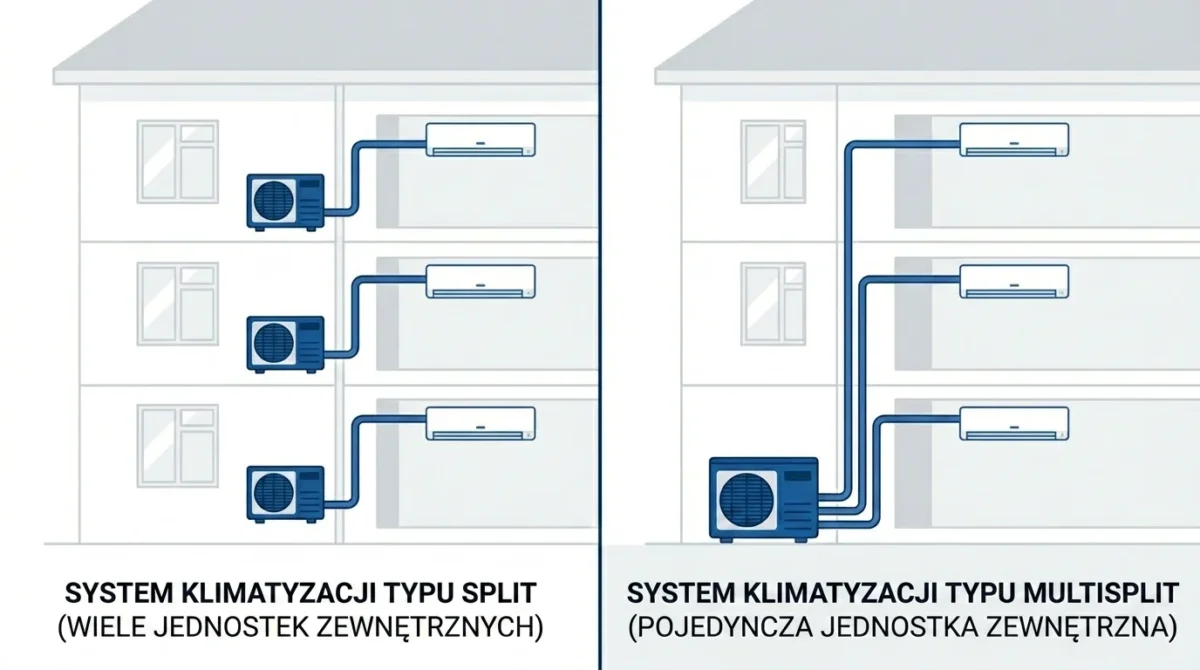 Porównanie elewacji budynku z klimatyzacją split (3 agregaty) i multisplit (1 agregat)