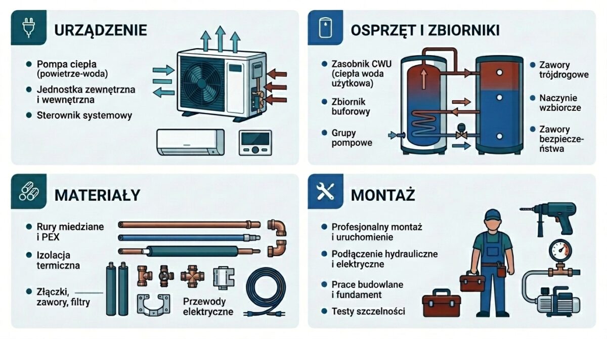 Elementy składowe ceny pompy ciepła z montażem: urządzenie, zbiorniki CWU i bufor, materiały, robocizna.
