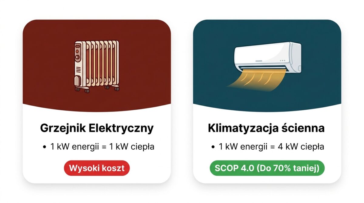 Infografika porównanie kosztów grzejnik elektryczny vs klimatyzacja SCOP 4.0