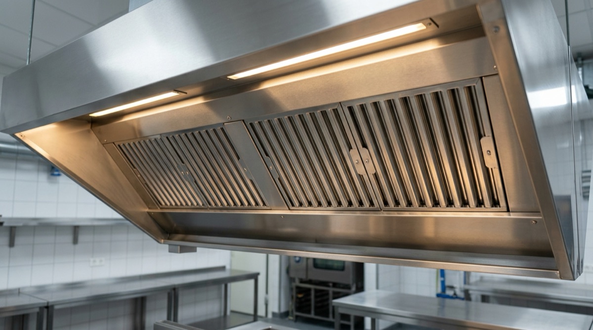 Okap gastronomiczny ze stali nierdzewnej z filtrami labiryntowymi i oświetleniem LED