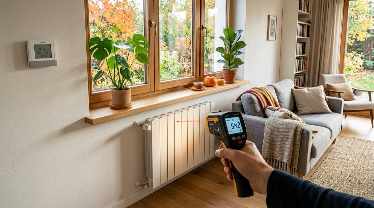 Precyzyjny pomiar temperatury grzejnika i termostat pokojowy podczas domowego testu 50 stopni